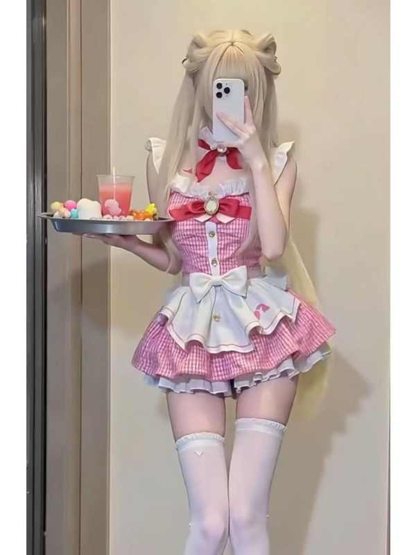 Pink Kawaii Plaid Maid Dress - Image 3