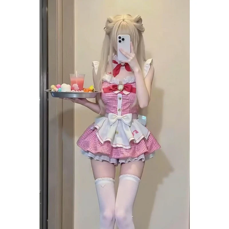 Pink Kawaii Plaid Maid Dress - Image 4