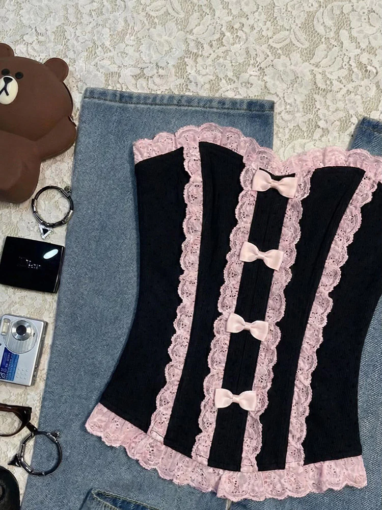 pink lace bow black crop top - Image 2