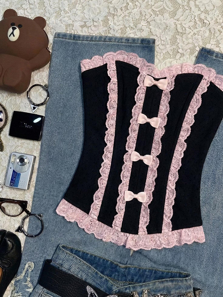 pink lace bow black crop top - Image 4