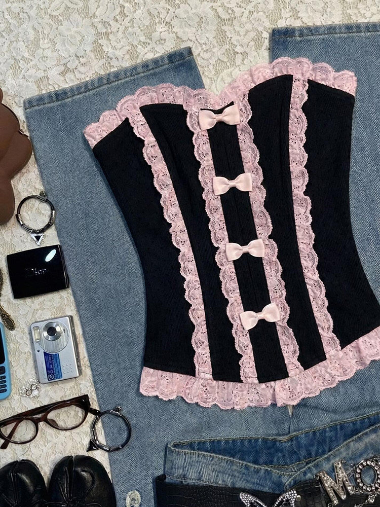 pink lace bow black crop top - Image 5