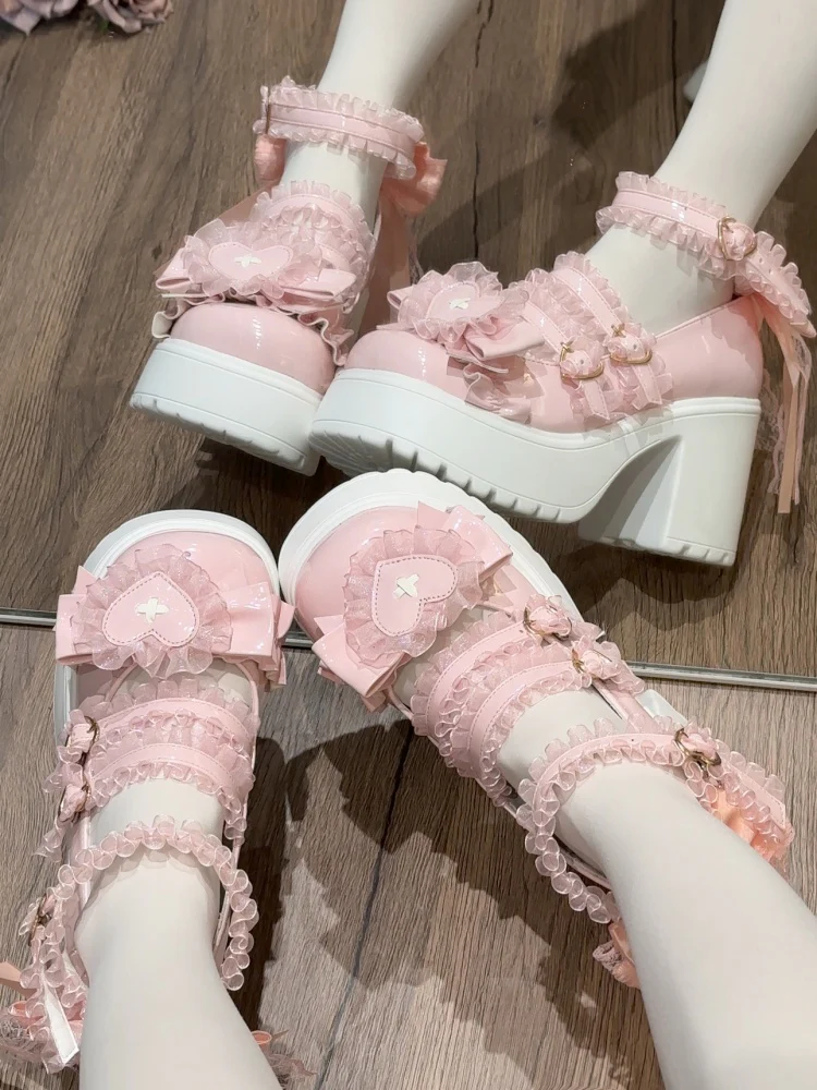 pink lace bow kawaii shoes - Image 3