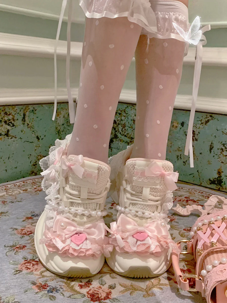 pink lace kawaii platform sneakers - Image 3