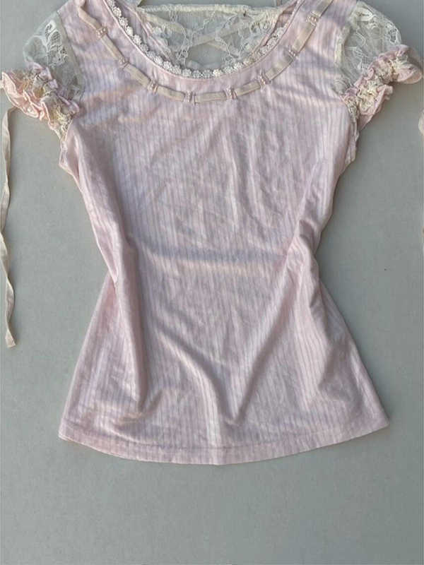 Pink Lace Splicing Short-sleeved Top - Image 2