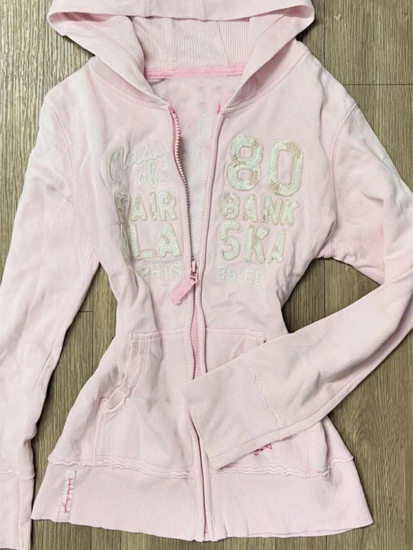 pink letter hooded sweatshirt jacket - Image 2