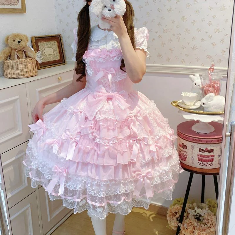 Pink Mesh Bows Lolita Dress - Image 3