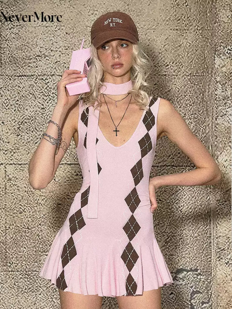Pink Plaid Deep V Suspender Dress - Image 3