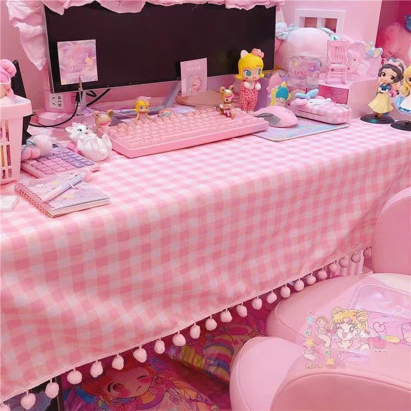 Pink Plaid Pompom Desk Tablecloth
