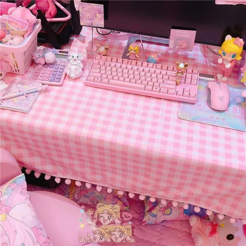 Pink Plaid Pompom Desk Tablecloth - Image 2