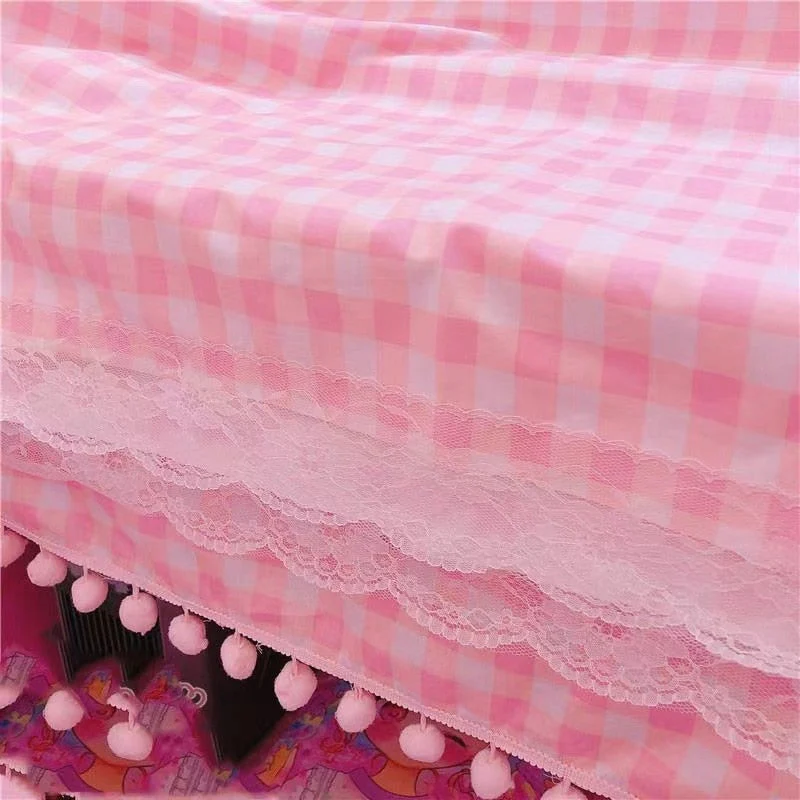Pink Plaid Pompom Desk Tablecloth - Image 4