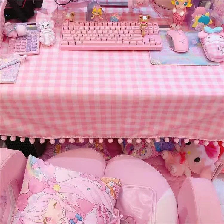 Pink Plaid Pompom Desk Tablecloth - Image 8