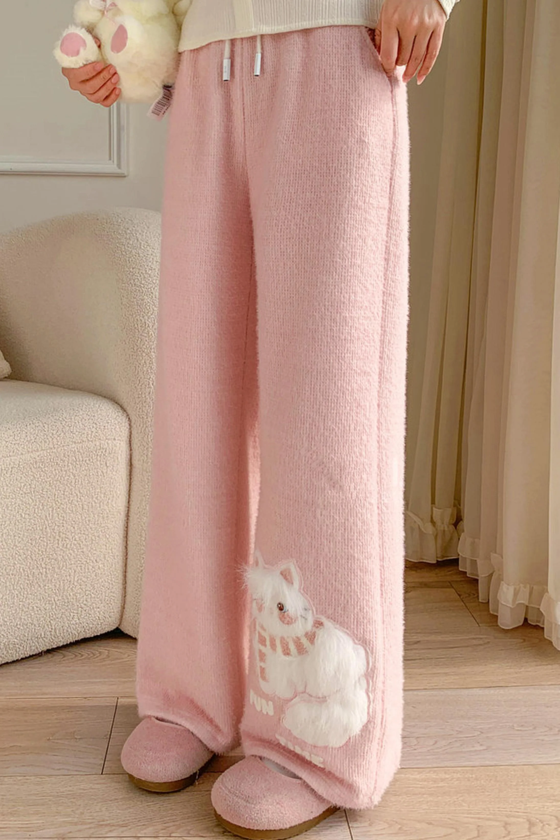 Pink Plush Cat Embroidery Pants - Image 4