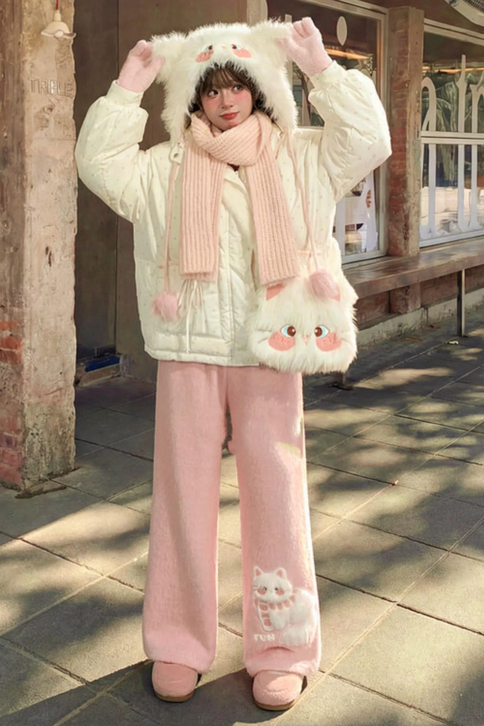 Pink Plush Cat Embroidery Pants - Image 9