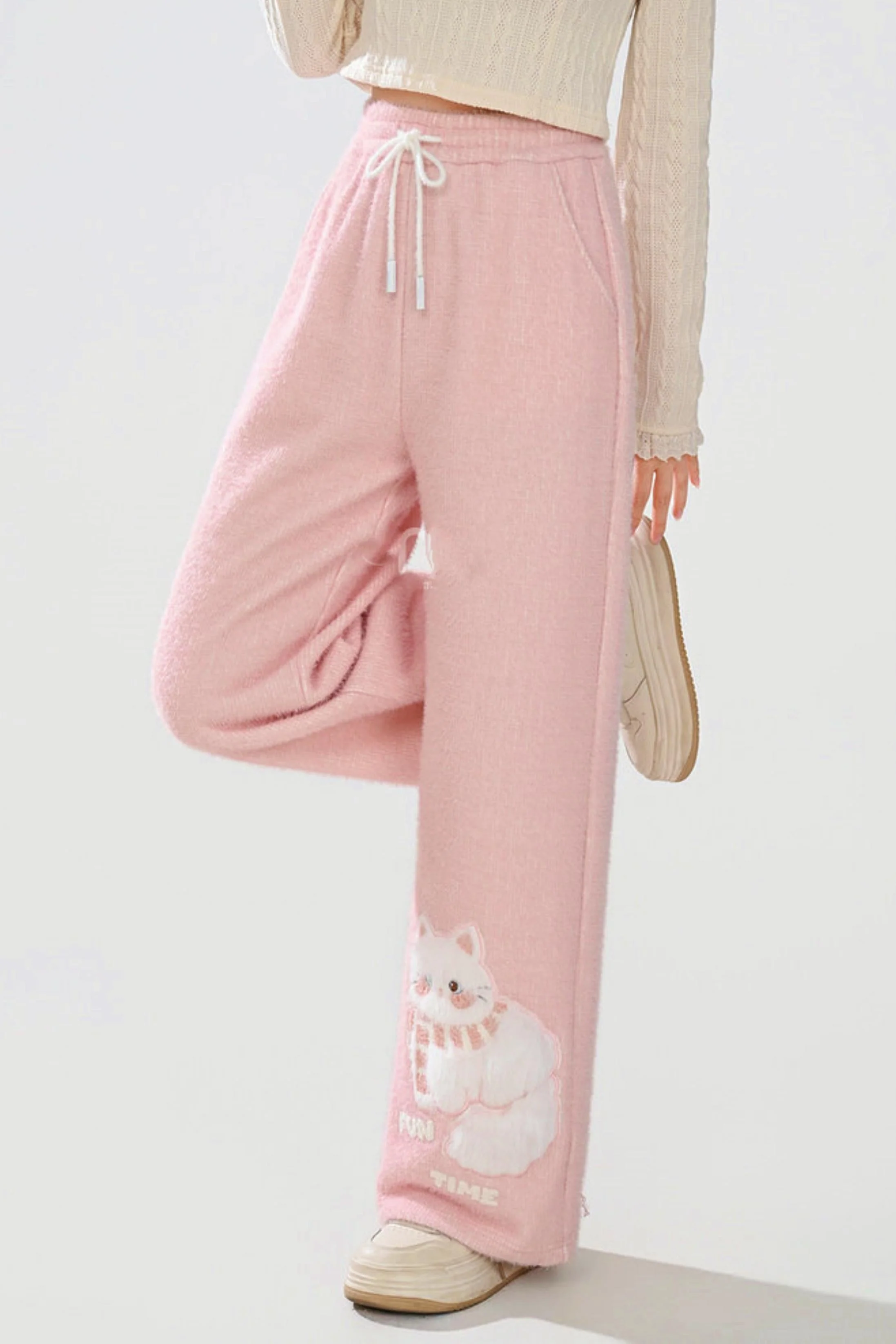Pink Plush Cat Embroidery Pants - Image 2