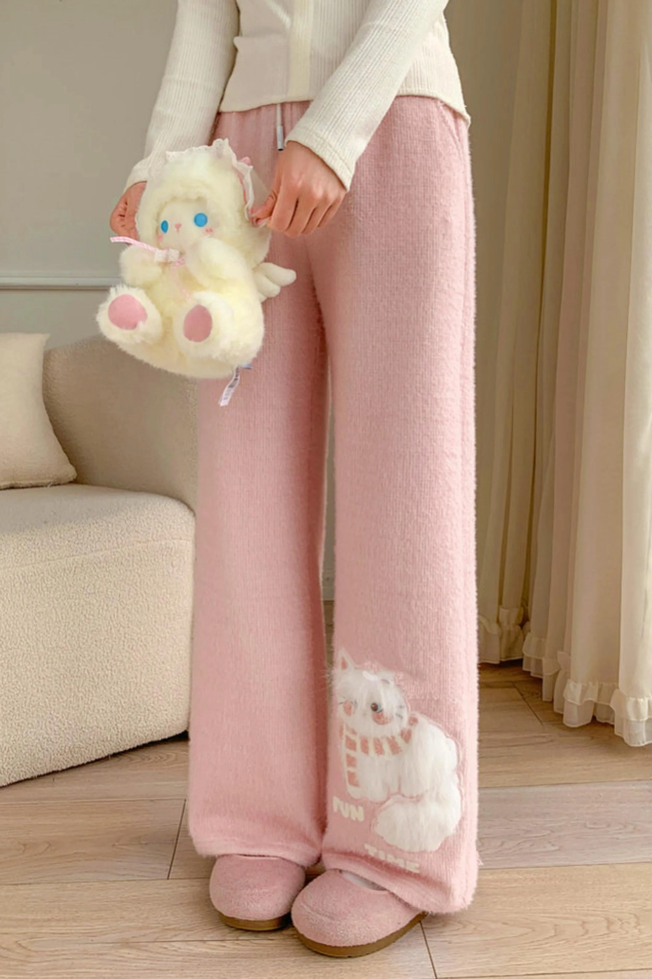 Pink Plush Cat Embroidery Pants - Image 5