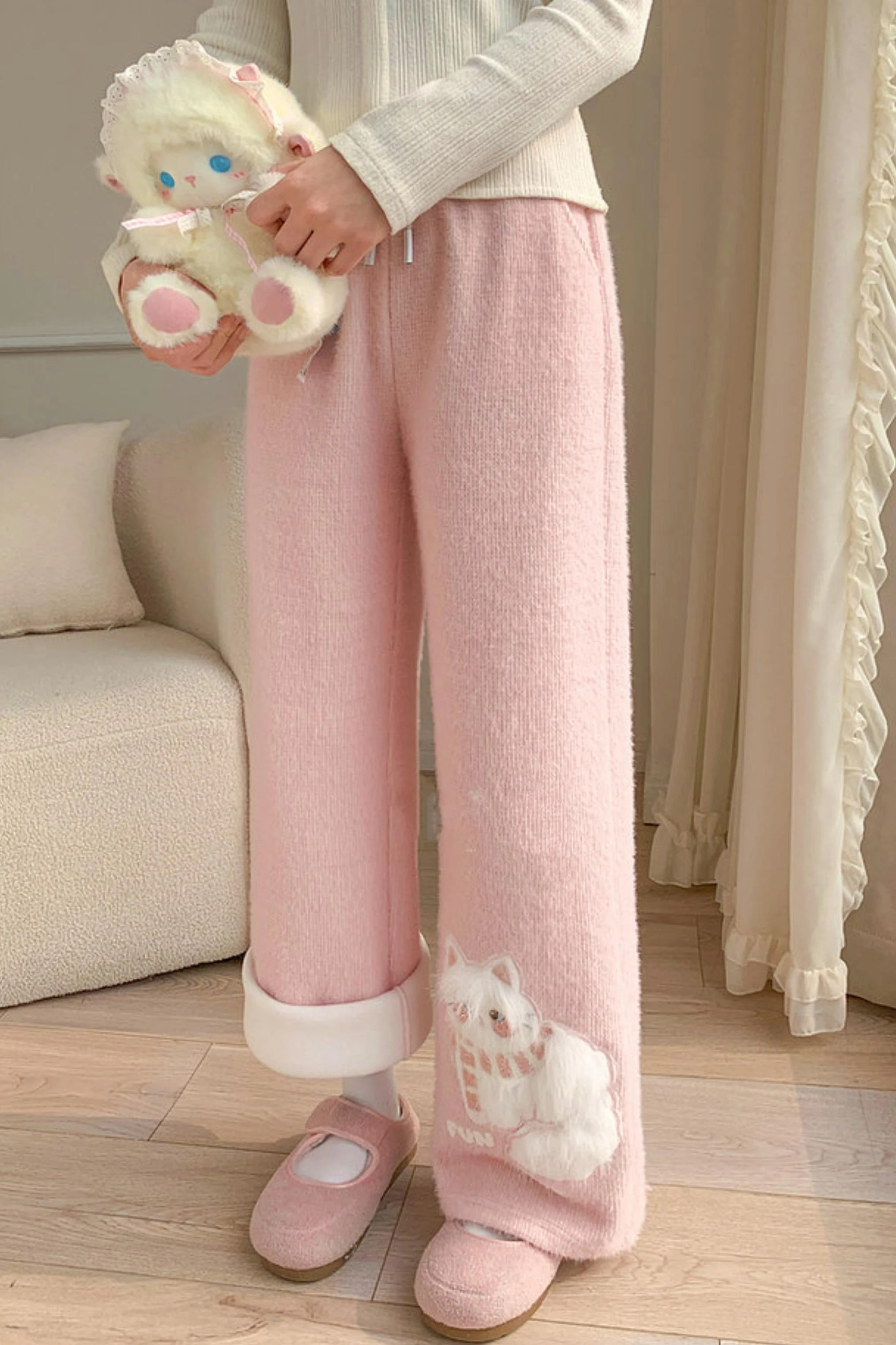 Pink Plush Cat Embroidery Pants - Image 6