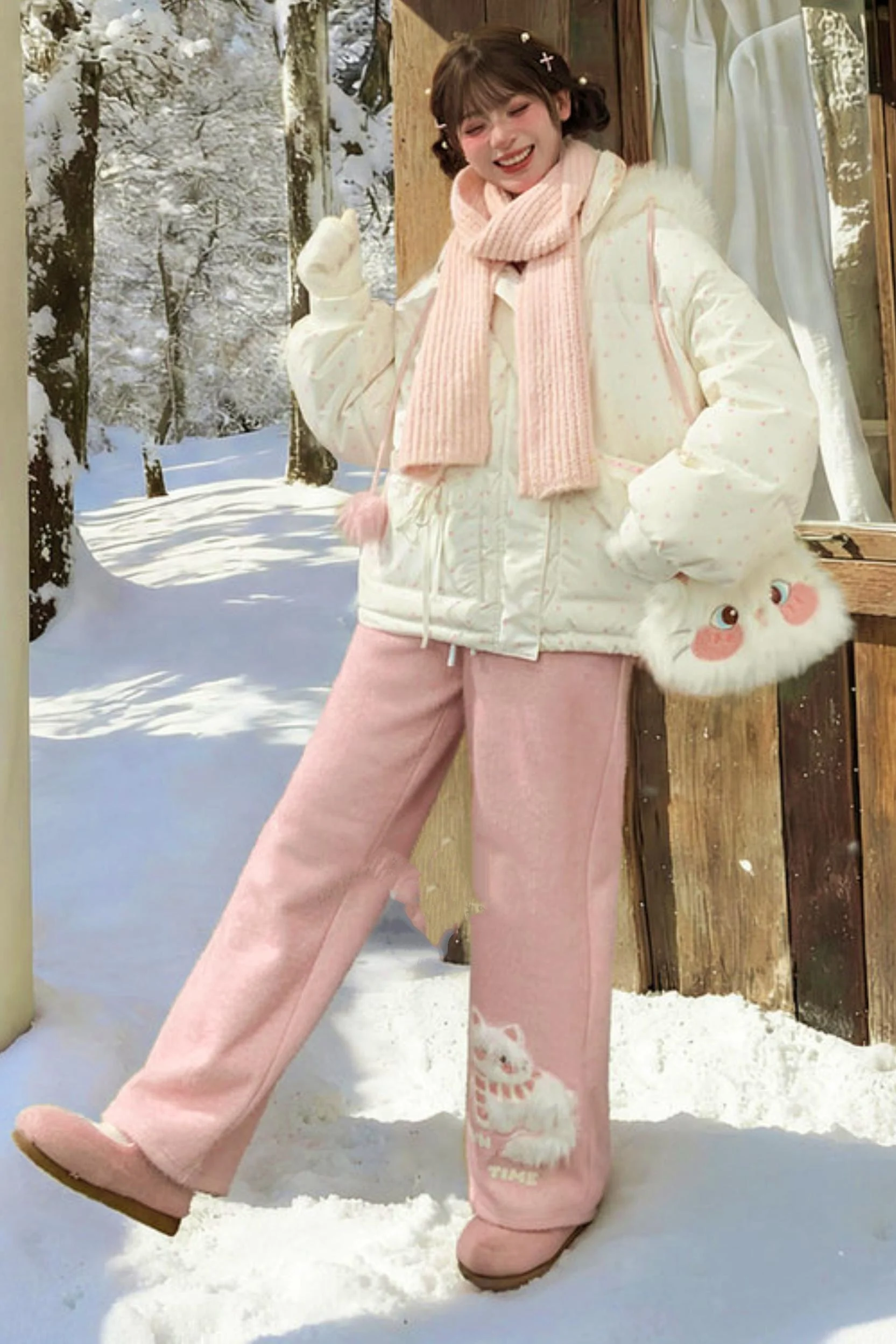 Pink Plush Cat Embroidery Pants - Image 8