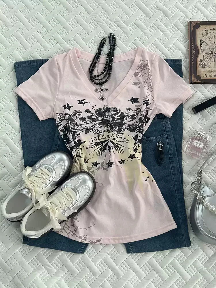 Pink Print V-Neck Top