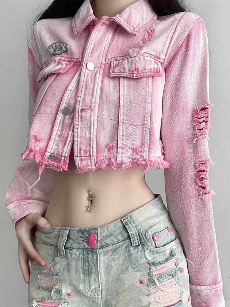 Y2K Pink Ripped Denim Crop Jacket - Image 2