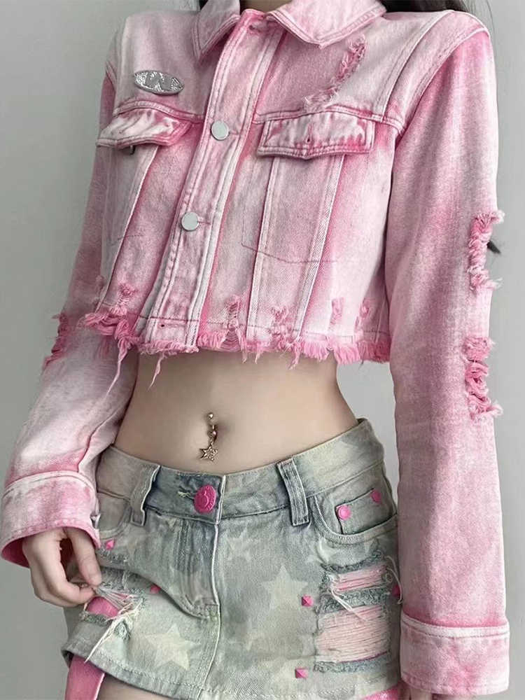 Y2K Pink Ripped Denim Crop Jacket - Image 3