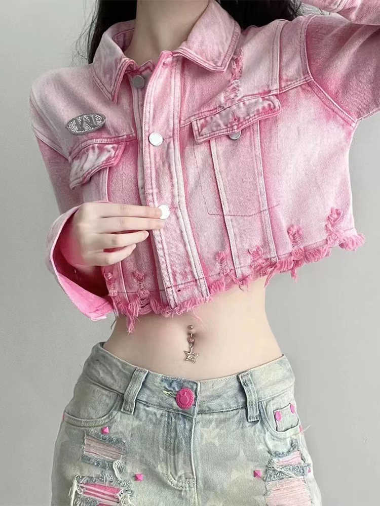 Y2K Pink Ripped Denim Crop Jacket - Image 4