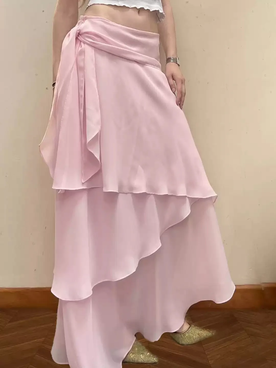 Pink Ruffled Mesh Long Skirt - Image 3
