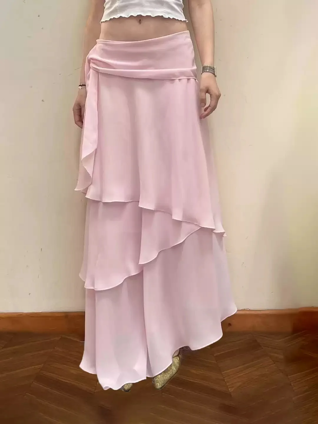 Pink Ruffled Mesh Long Skirt - Image 4