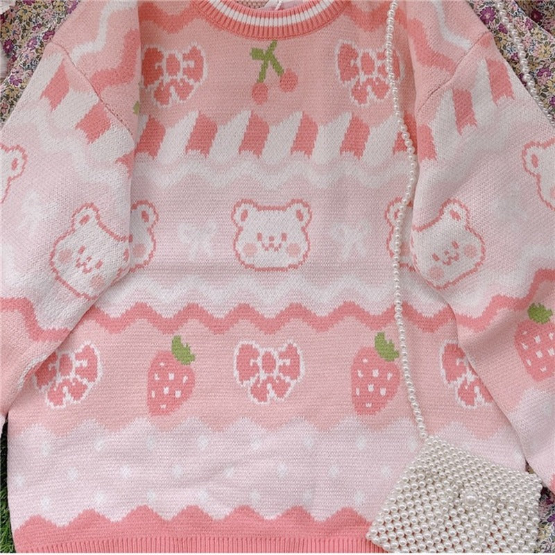 Pink Strawberry Knit Bear Sweater - Image 2