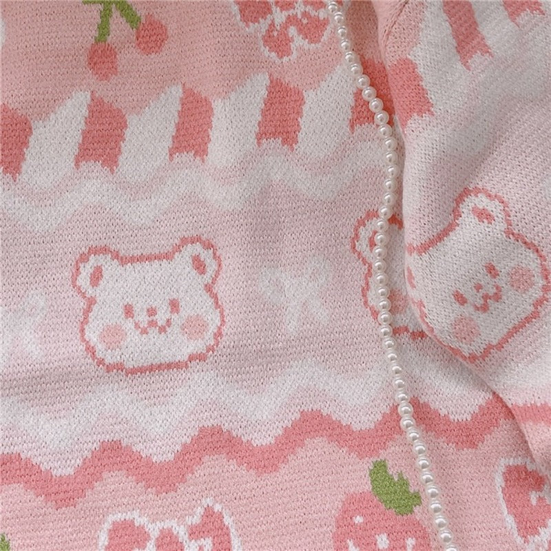 Pink Strawberry Knit Bear Sweater - Image 3