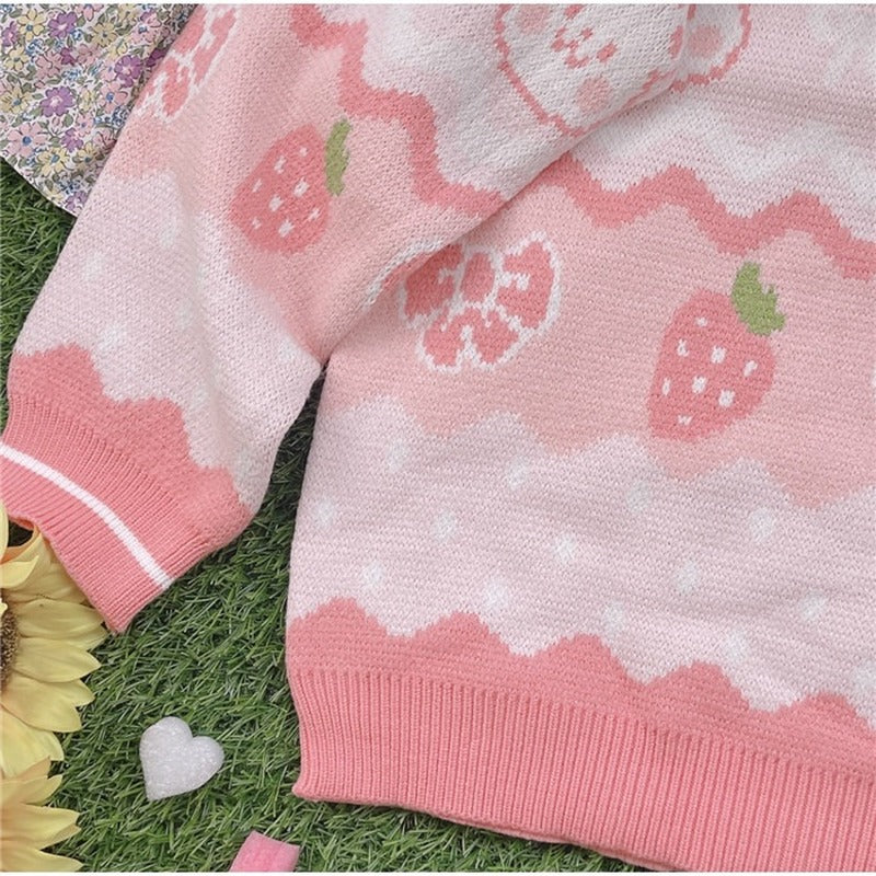 Pink Strawberry Knit Bear Sweater - Image 4