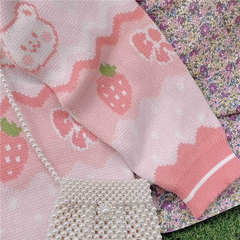 Pink Strawberry Knit Bear Sweater - Image 5