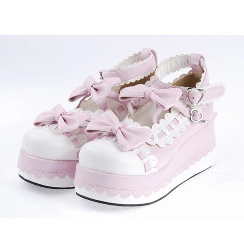 Pink Synthetic Leather Round Toe Ankle Straps Bow Decoration Platform Lolita Shoes - Image 5
