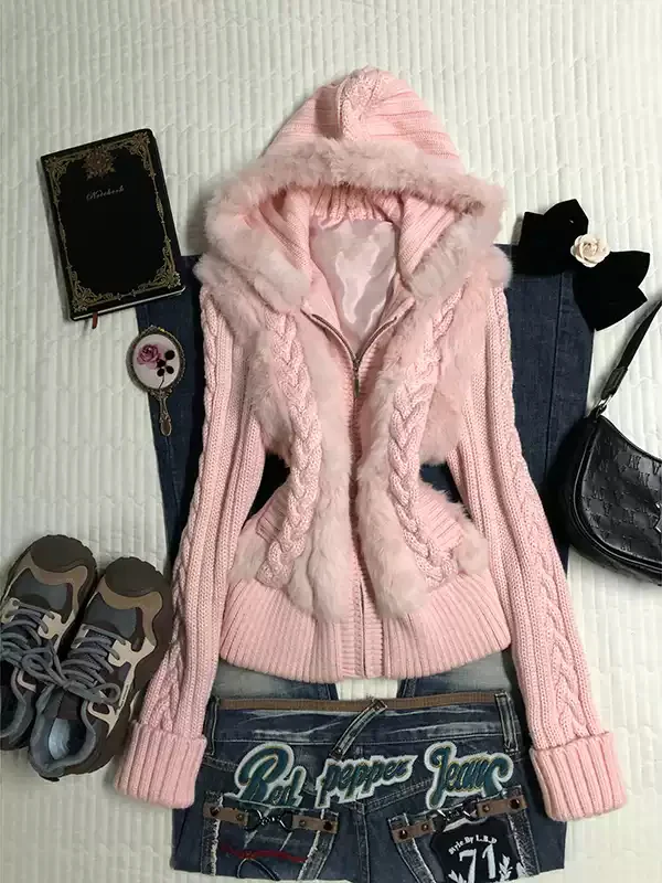 pink twist hooded sweater jacket