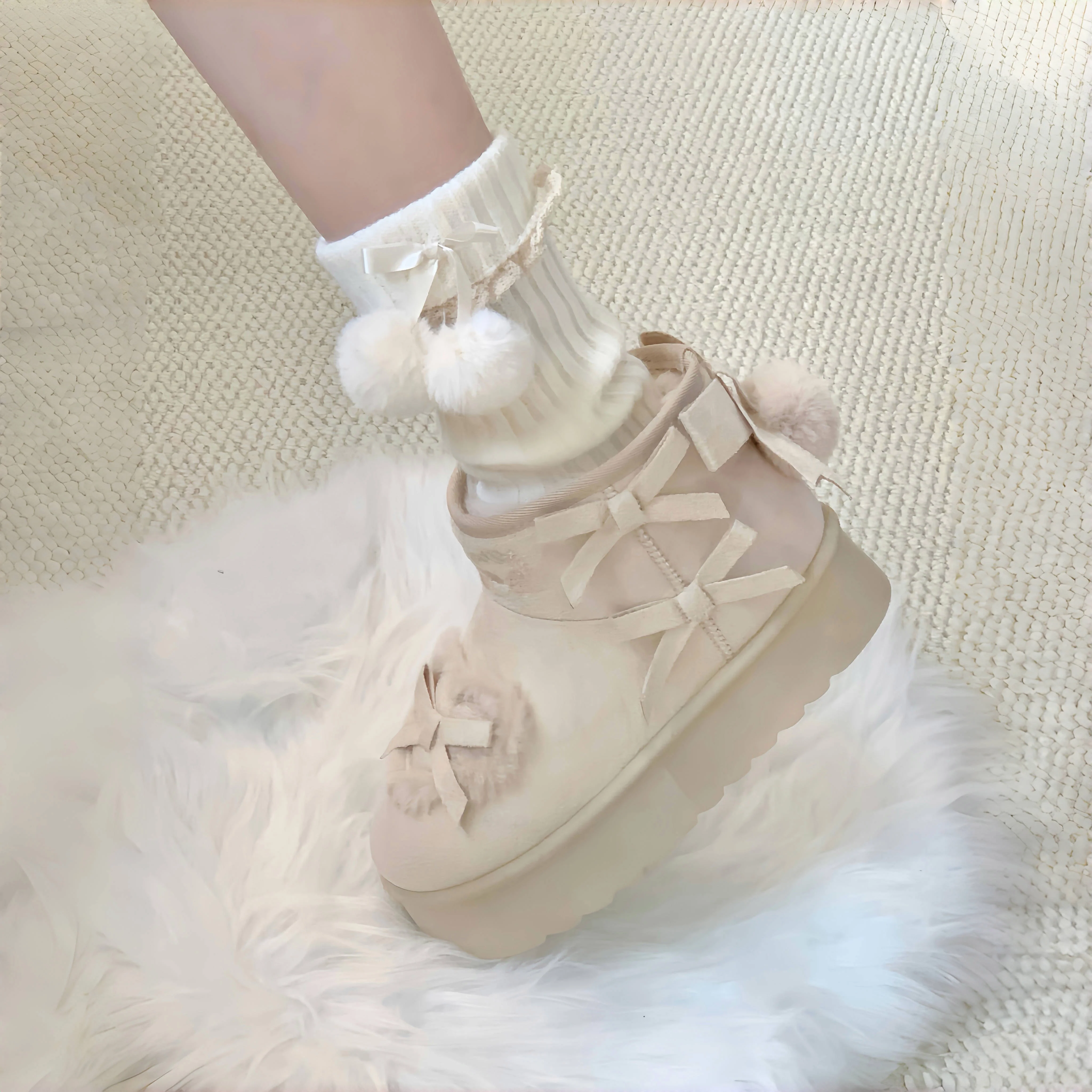 pink velvet heart-knot thick-soled snow boots - Image 4