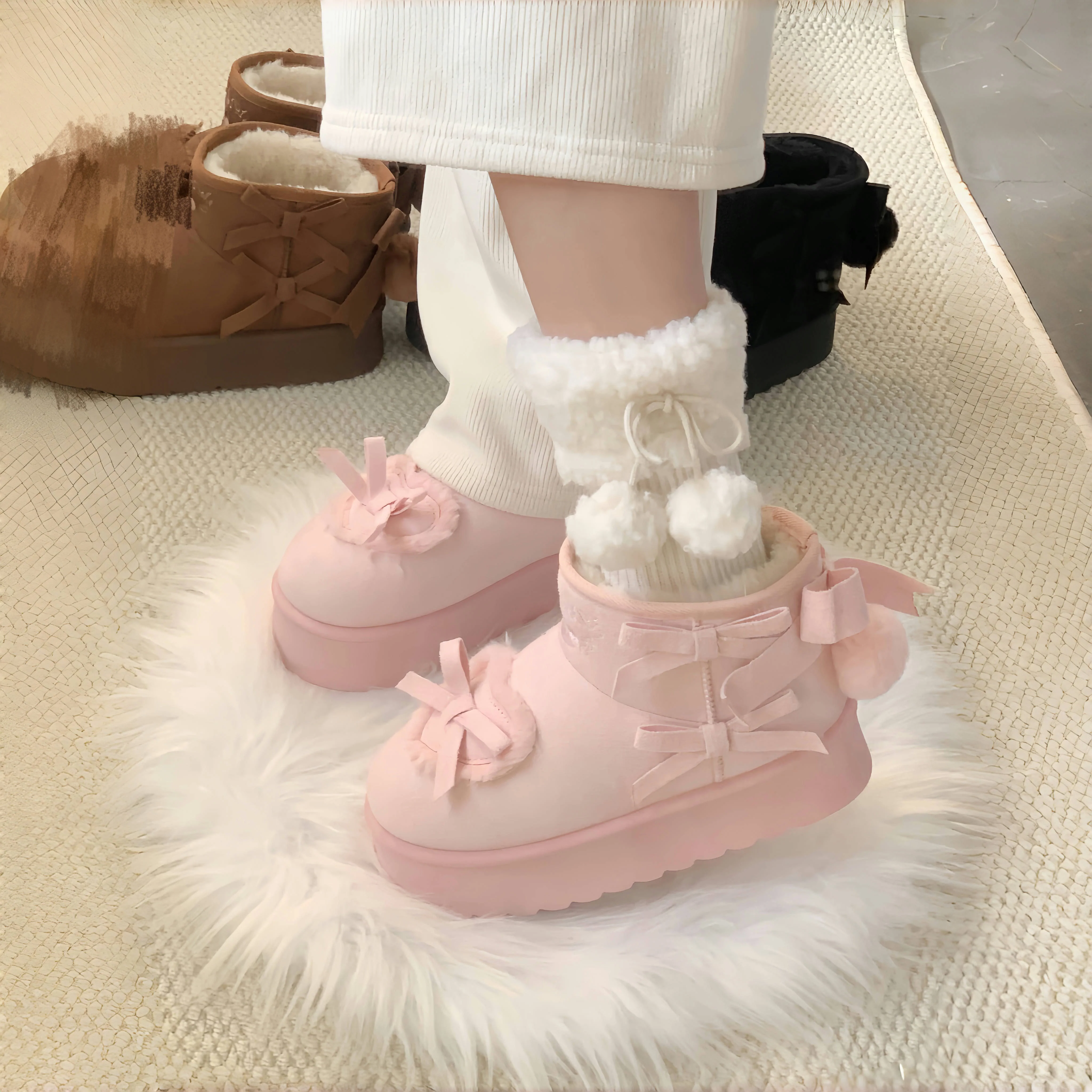 pink velvet heart-knot thick-soled snow boots - Image 6