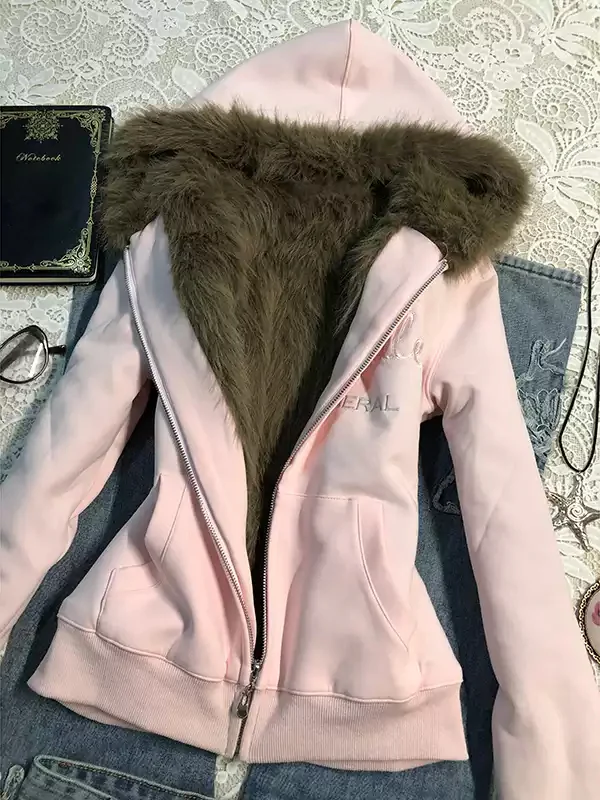 pink velvet hooded sweatshirt jacket - Image 3