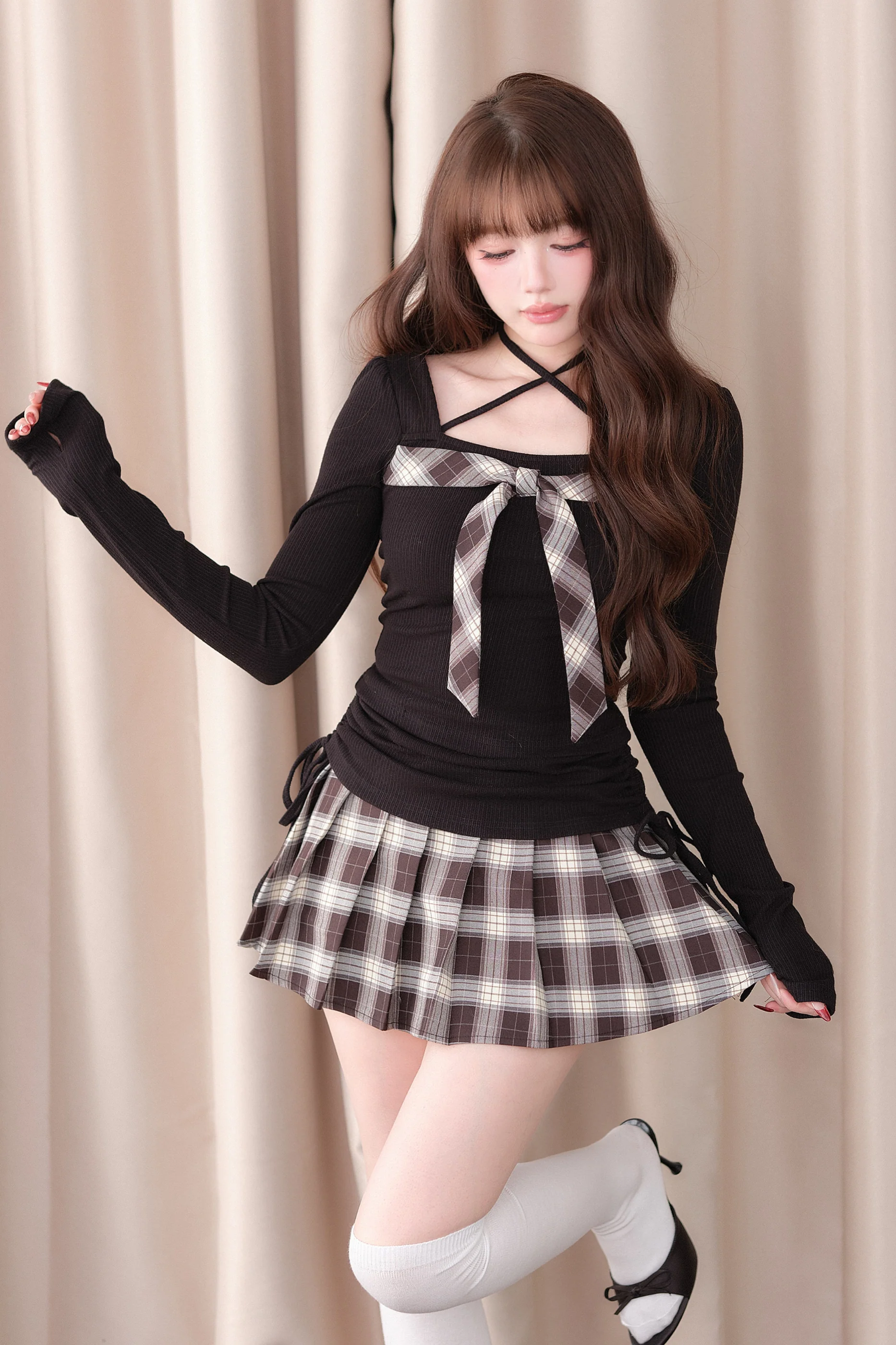 Check Ribbon Knit Top + Check Skirt - Image 9
