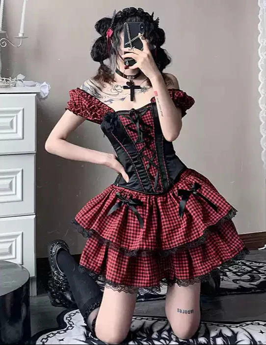 Plaid corset straps slimming dress - Image 2
