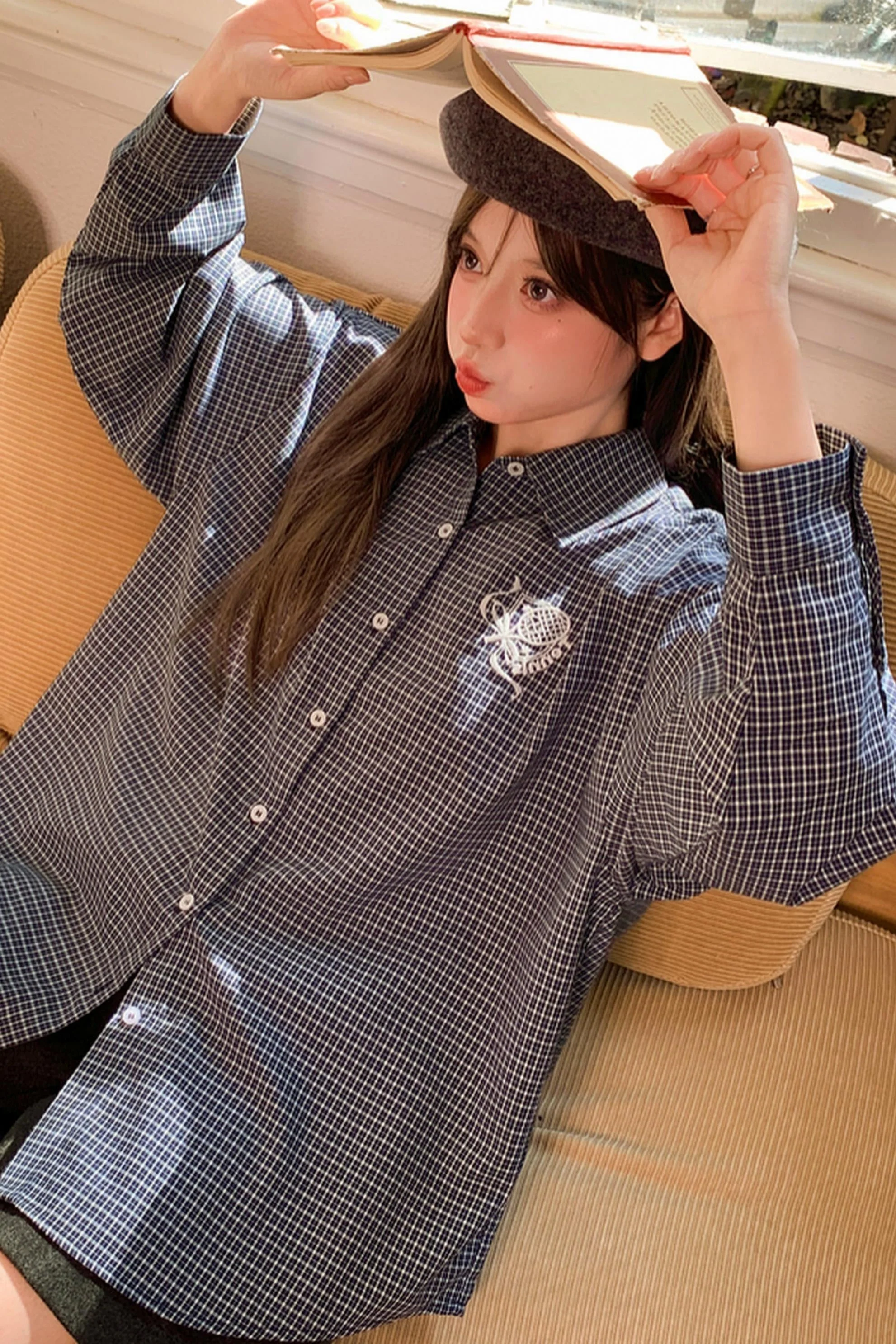 Plaid Embroidered Academy Blouse - Image 3