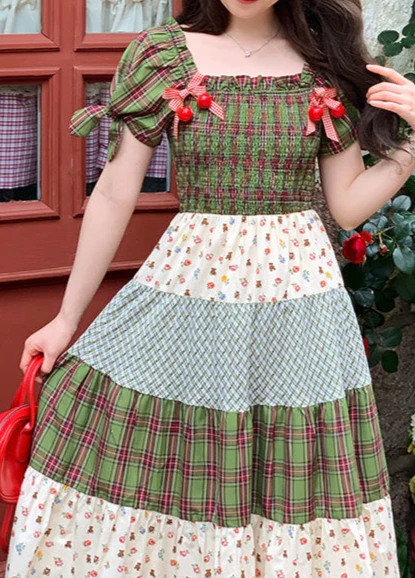 Plaid Floral Bow Forest Dress - Image 2