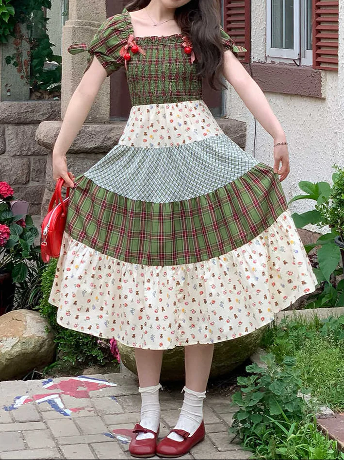 Plaid Floral Bow Forest Dress - Image 3