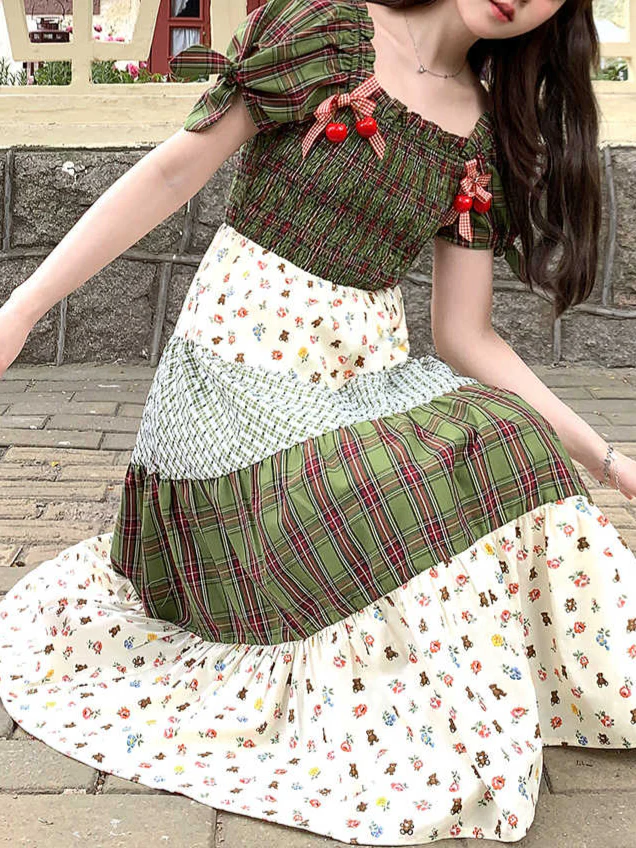 Plaid Floral Bow Forest Dress - Image 4