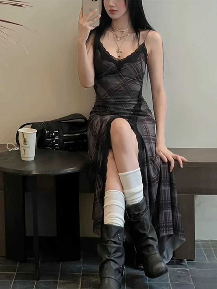 Plaid Lace Spliced Slit Dress - Image 2