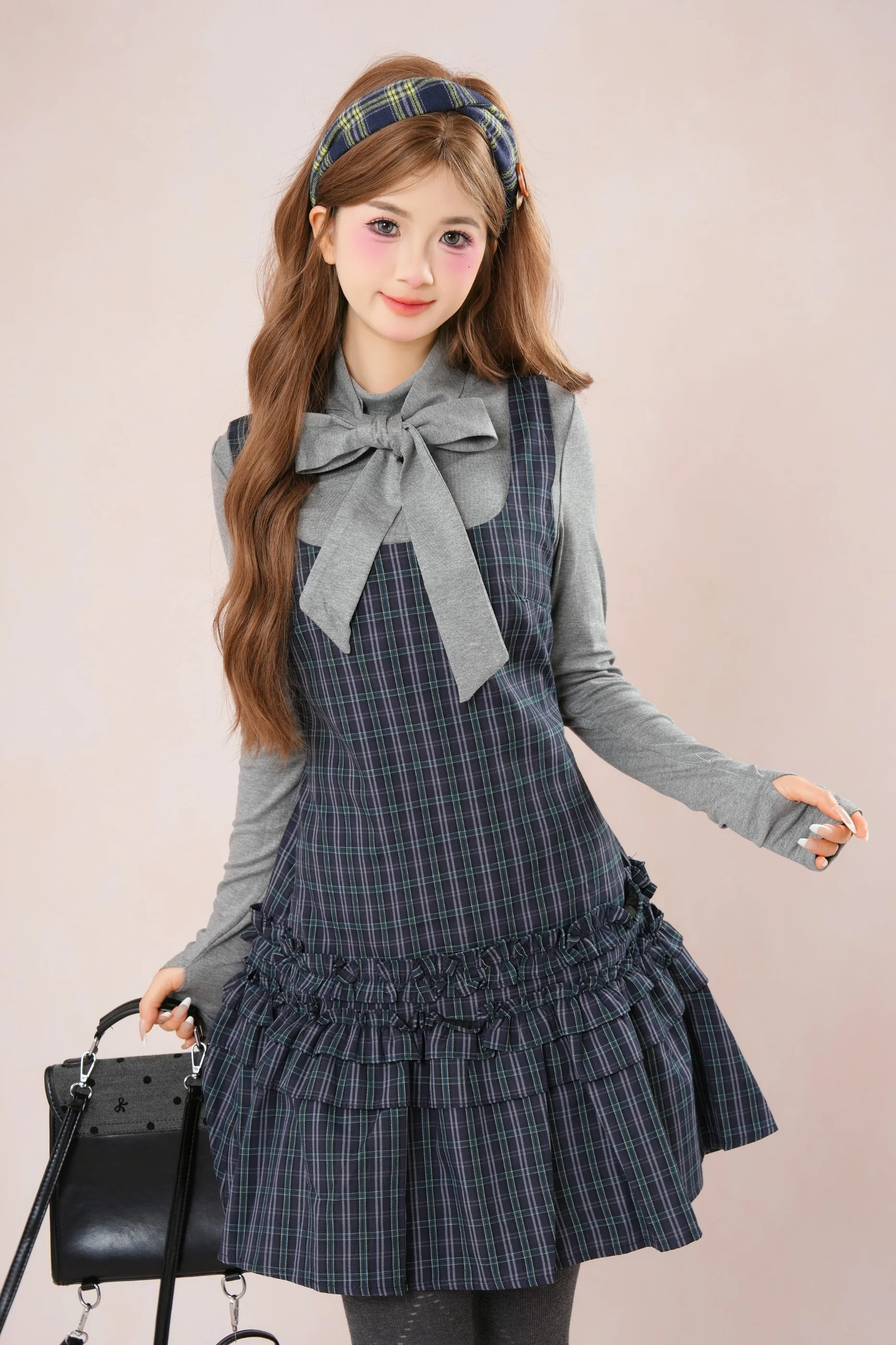 Dark French Ruffle Check Sleeveless Dress + Shirt