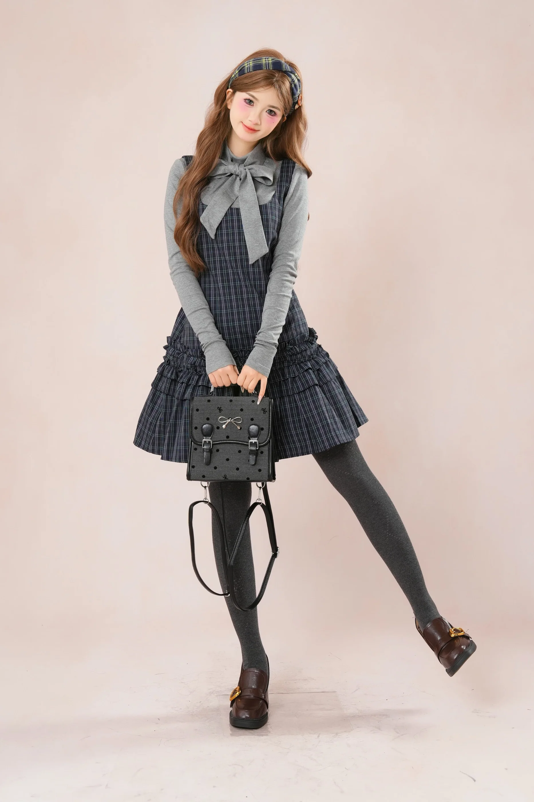 Dark French Ruffle Check Sleeveless Dress + Shirt - Image 6