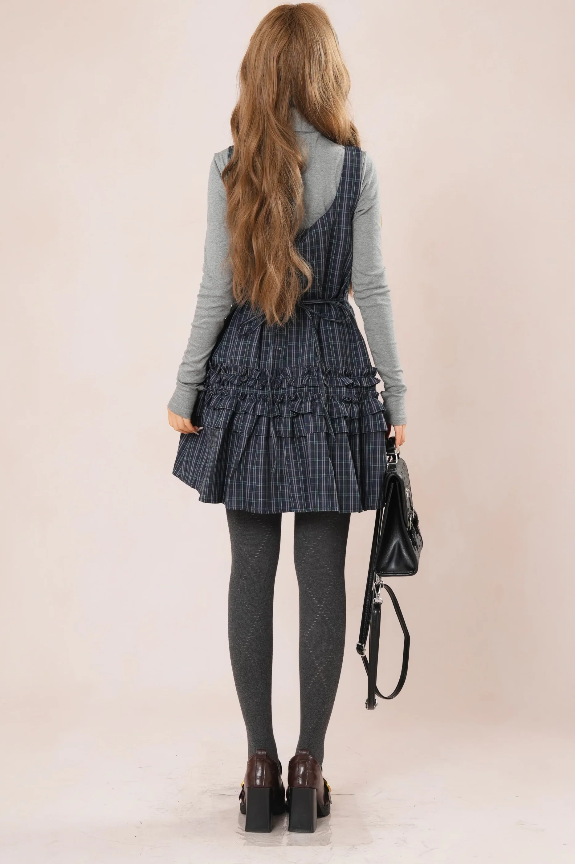 Dark French Ruffle Check Sleeveless Dress + Shirt - Image 7