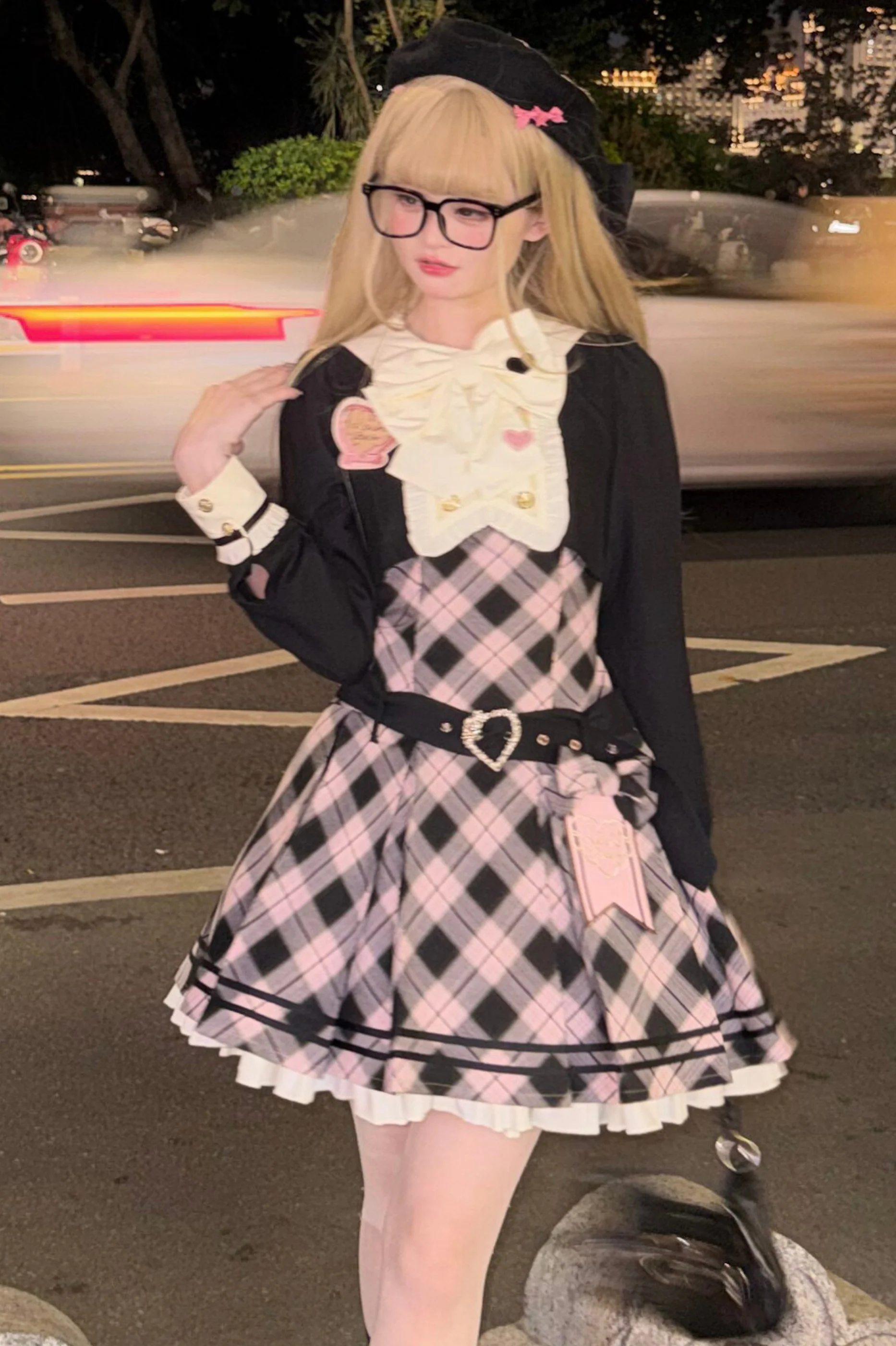 Check Sweet College Faux Two-Piece Dress + Beret - Image 11
