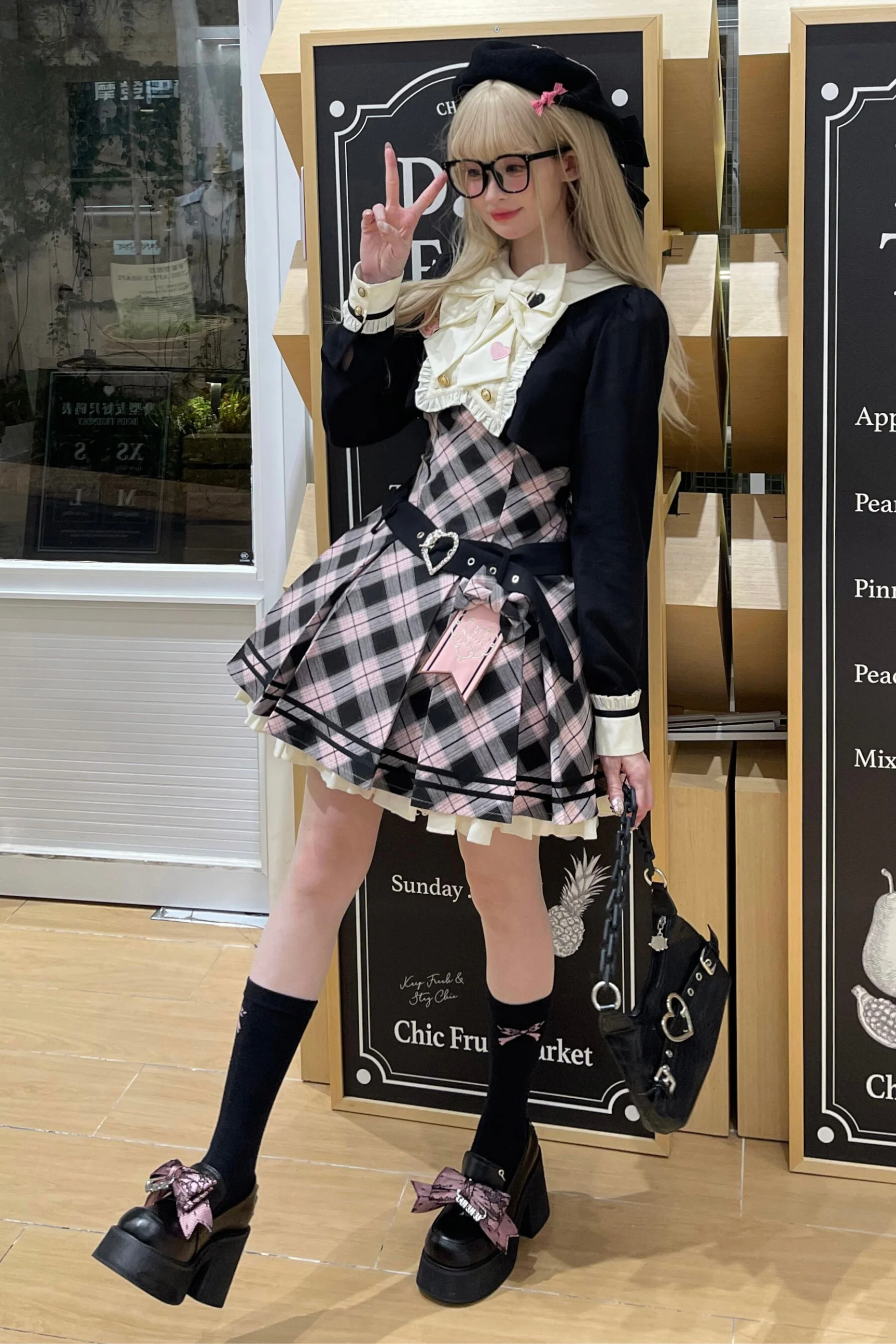 Check Sweet College Faux Two-Piece Dress + Beret - Image 18
