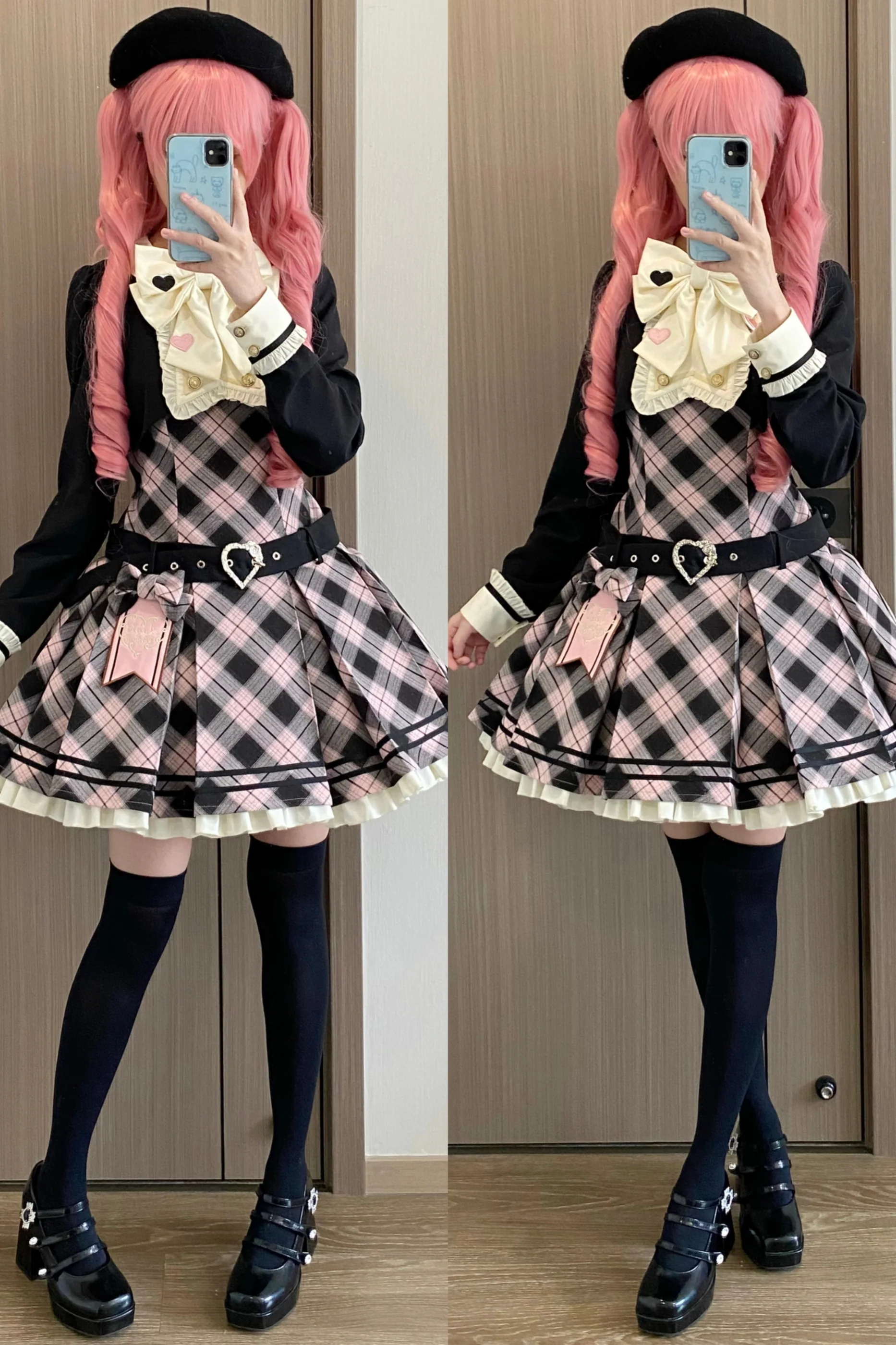 Check Sweet College Faux Two-Piece Dress + Beret - Image 23