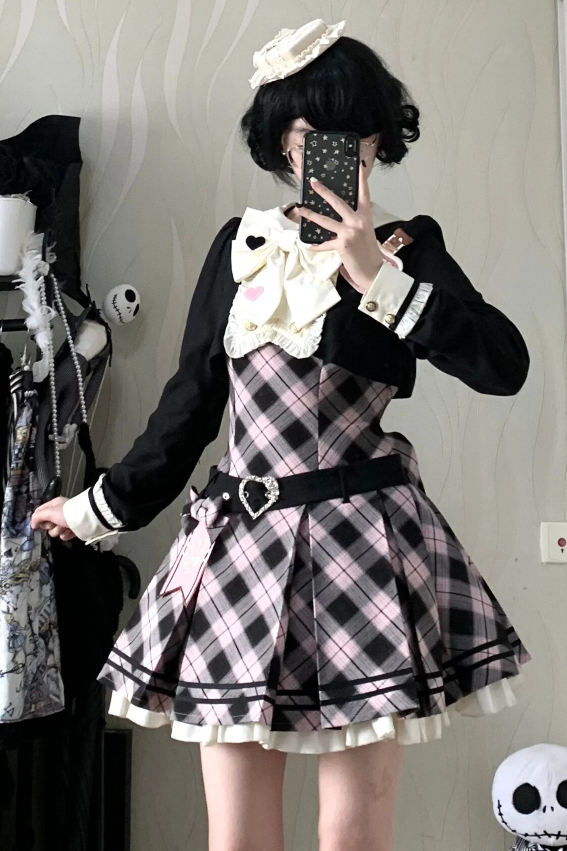 Check Sweet College Faux Two-Piece Dress + Beret - Image 3